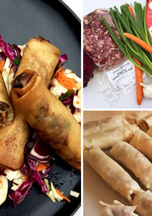 A picture of Wagyu Beef Lumpia with Asian-Style Slaw & Sweet Chili Sauce.