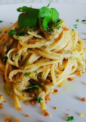 A picture of Linguine with Genovese Pesto and Aromatic Toasted Breadcrumbs.