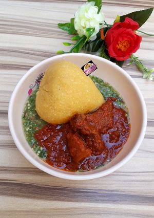 A picture of Eba, Okro Soup & Stew.