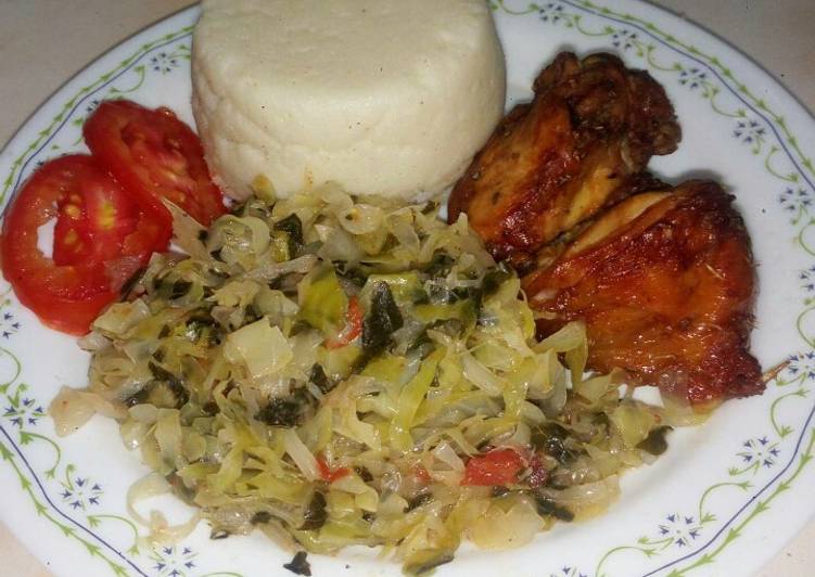 Oven grilled chicken with fried cabbage and Sima