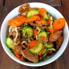 A picture of Chilled Lemongrass Beef & Noodles with Marinated Carrots and Cucumber.
