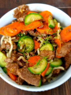 A picture of Chilled Lemongrass Beef & Noodles with Marinated Carrots and Cucumber.