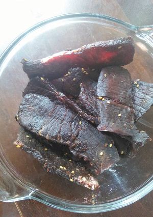 A picture of Momma's Teriyaki Beef Jerky (in a dehydrator).