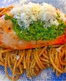 Grilled chicken breast with wholemeal spaghetti and basil & macadamia pesto