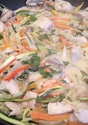 A picture of Zucchini Spaghetti and Chicken.