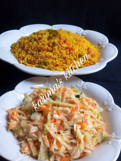A picture of Fried rice with simple coleslaw.
