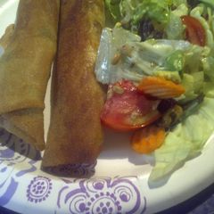 A picture of Spring roll hotdogs with salad.