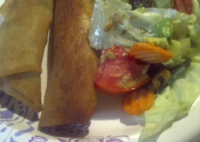 Spring roll hotdogs with salad