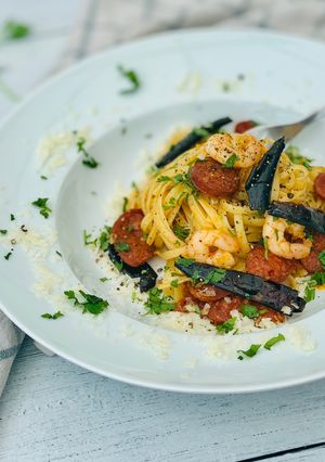 A picture of Prawns and Chorizo Pasta.