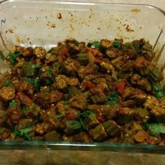 Bhindi masala in microwave A picture of Bhindi masala in microwave.