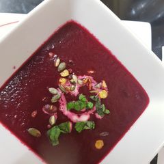 A picture of Beetroot mint & Cumin soup.