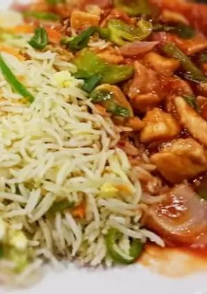 A picture of Shashlik pair with fried rice.