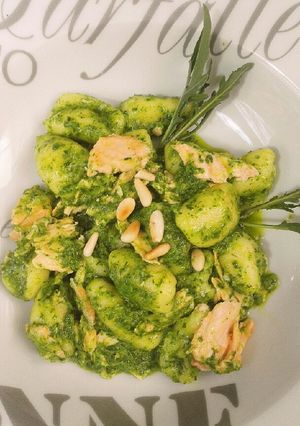 A picture of Potato Gnocchi with Arugula Pesto and Salmon.