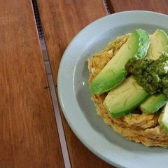 A picture of SCRAMBLED EGGS and PESTO.