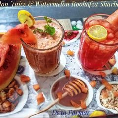 A picture of Fresh Watermelon Juice And Watermelon Roohafza Sharbat.