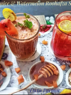 A picture of Fresh Watermelon Juice And Watermelon Roohafza Sharbat.
