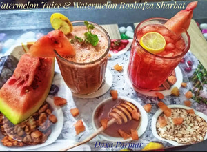 A picture of Fresh Watermelon Juice And Watermelon Roohafza Sharbat.