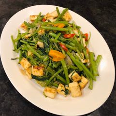 Sautéed Water Spinach & Tofu (Tumis Kangkung & Tahu) A picture of Sautéed Water Spinach & Tofu (Tumis Kangkung & Tahu).