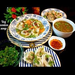 A picture of Veg Wonton Soup With Spicy Chilli Garlic Oil.