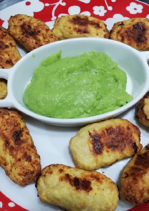 A picture of Turkey Croquettes with Pea Purée.
