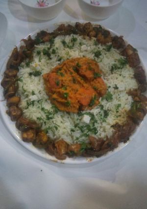 A picture of Soya chaap and rice.