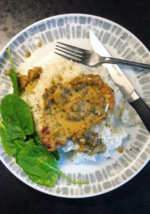 A picture of Pork steaks in mushroom sauce.