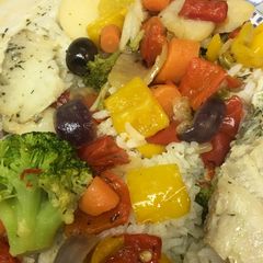 A picture of Candy’s Tilapia RiceVegetable mix.