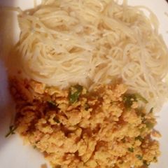 A picture of Spaghetti and fried eggs.