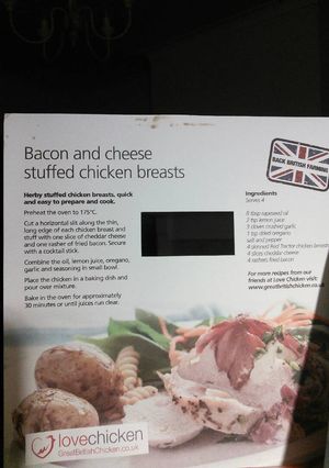 A picture of Bacon and cheese stuffed chicken breasts.