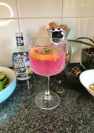 A picture of Gin & tonic with rosemary & grapefruit cocktail.