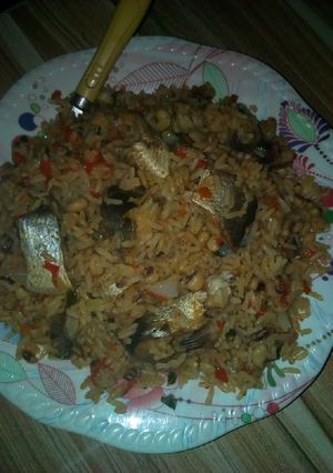A picture of Jalof rice with beans and fish.