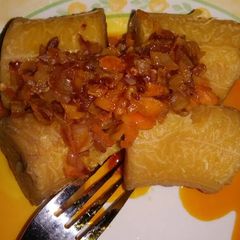 A picture of Boiled Plantain & Palm Oil Pepper Sauce.