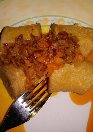 A picture of Boiled Plantain & Palm Oil Pepper Sauce.