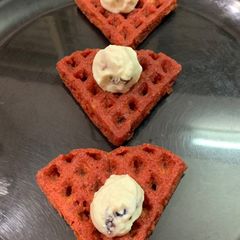 Whole wheat beetroot waffles with frozen berries yoghurt A picture of Whole wheat beetroot waffles with frozen berries yoghurt.