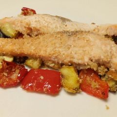 A picture of Veg and salmon tray bake.