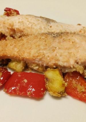 A picture of Veg and salmon tray bake.