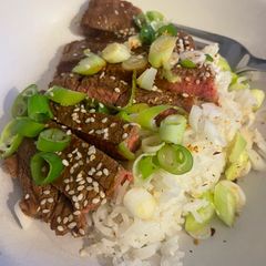A picture of Tamari Marinated Sirloin Steak with Coconut Jasmine Rice 🍚.