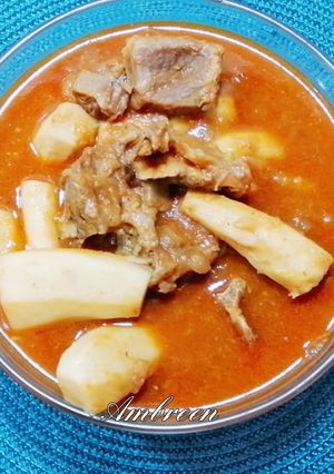 A picture of 3 spice Arvi Gosht Recipe.