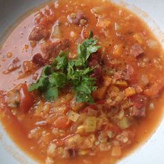 A picture of Red Lentils and Chorizo Soup.