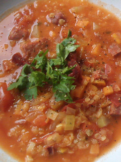 A picture of Red Lentils and Chorizo Soup.