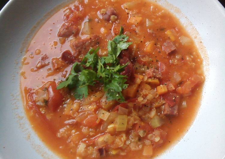 Steps to Make Speedy Red Lentils and Chorizo Soup