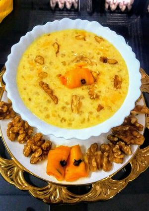 A picture of Mango sago walnut pudding.