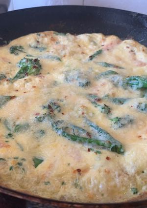 A picture of Smoked salmon and Tenderstem broccoli (or asparagus) frittata.