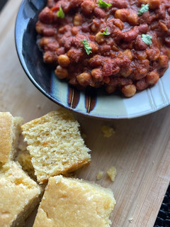 A picture of Vegan Chili and Sweet Cornbread !.
