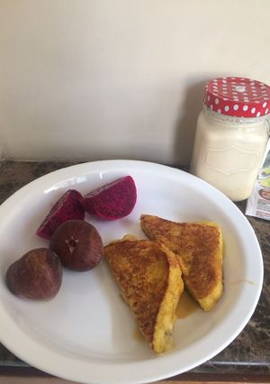 A picture of Eggless Stuffed banana French Toast.