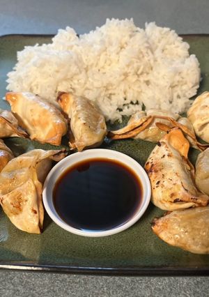A picture of Quick lunch: frozen pot stickers & rice.