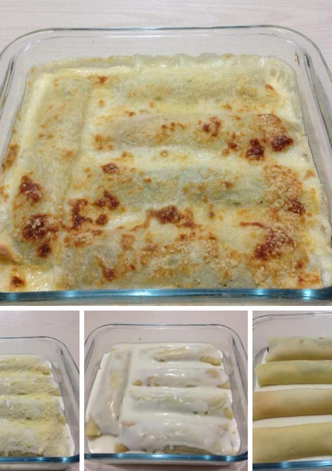Una foto de Canelones de espinaca con salsa blanca