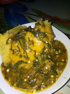 A picture of Ogbono and okro soup with Garri.