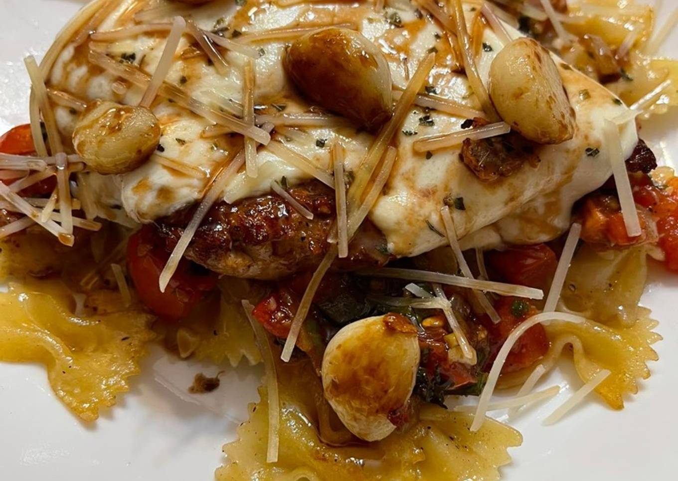 Bruschetta Caprese Chicken over Bowtie Pasta