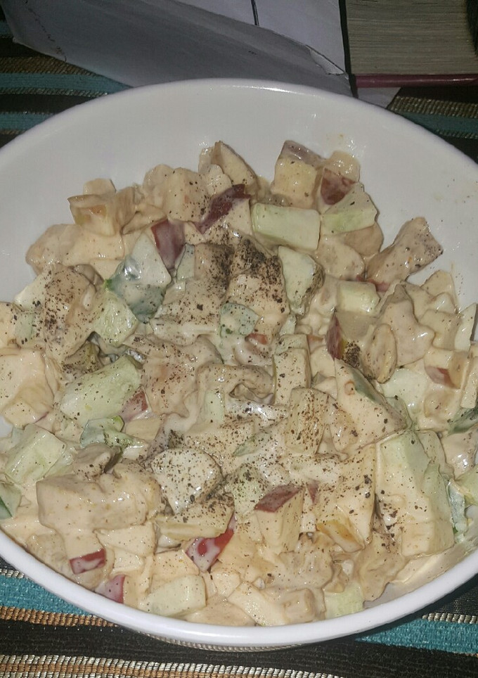 A picture of Apple, cucumber and chicken salad.